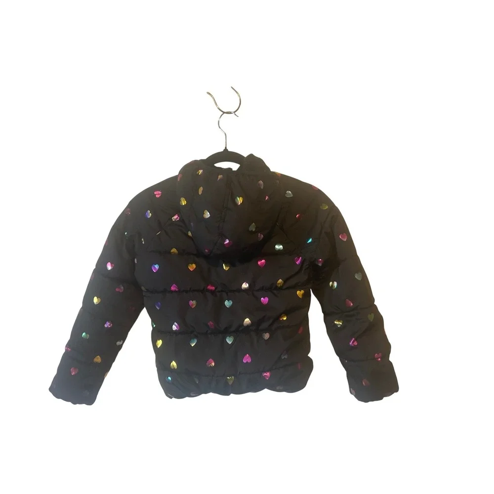 Kids Old Navy Black Puffer Jacket Rainbow‎ Metallic Hearts Size M 8